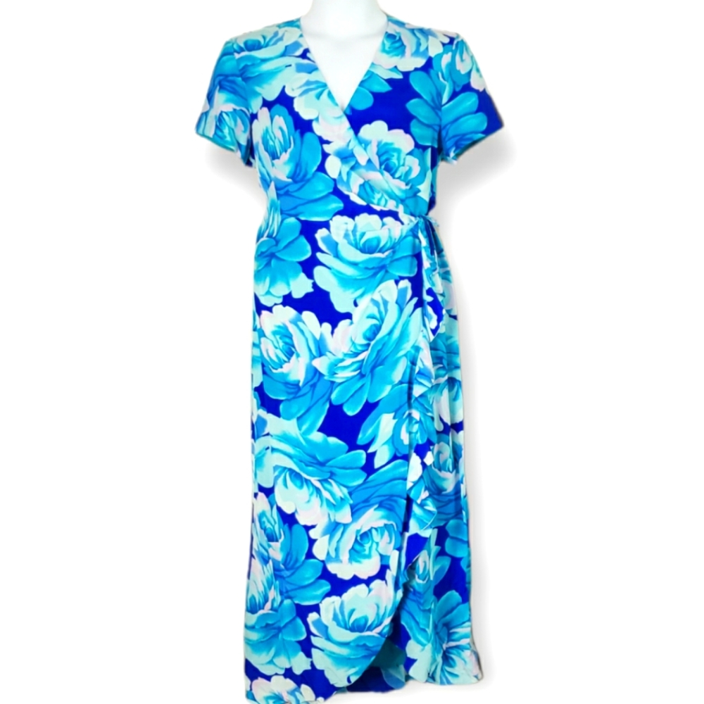 NWOT Spencer Jeremy blue & white floral silk wrap dress Womens 16